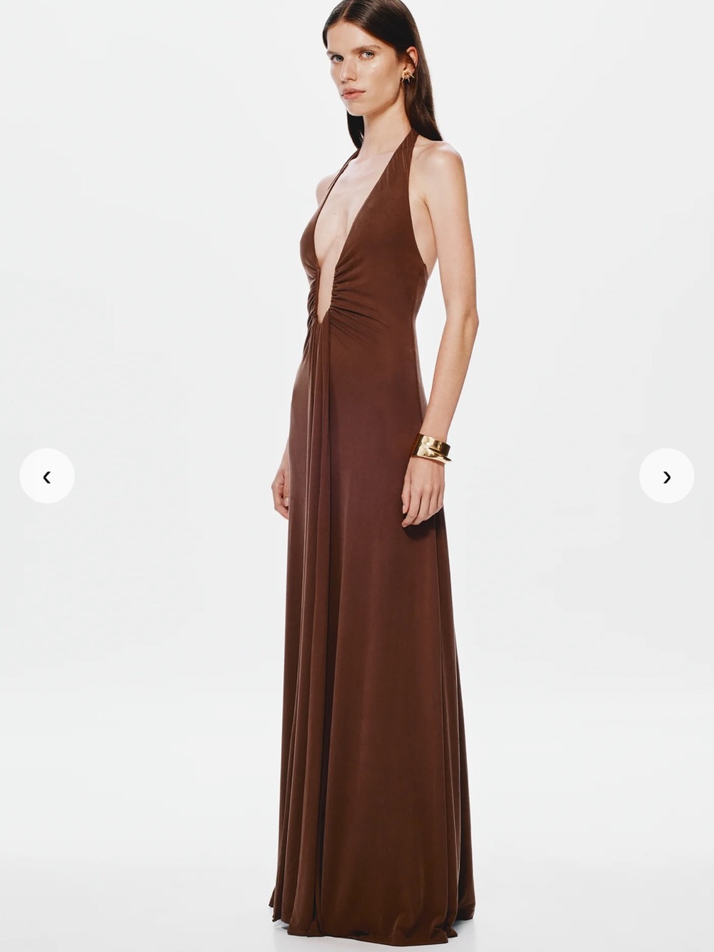 MISHA WORLD Viral Jennifer Cupro Dress Brown plunge V Halter Maxi Dress
